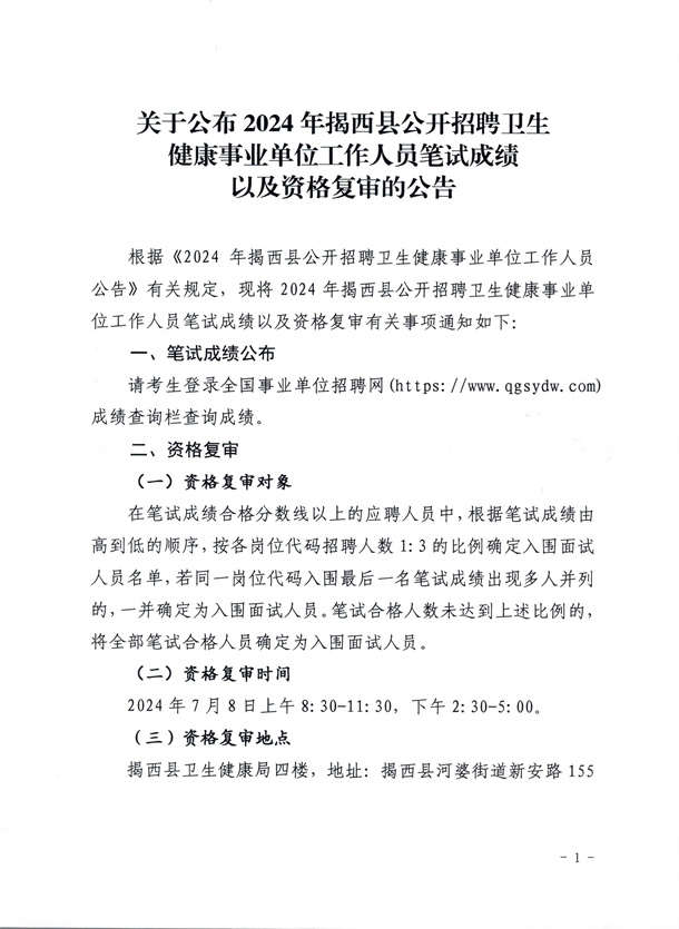 關于公布2024年揭西縣公開招聘衛生健康事業單位工作人員筆試成績以及資格復審的公告_000.jpg