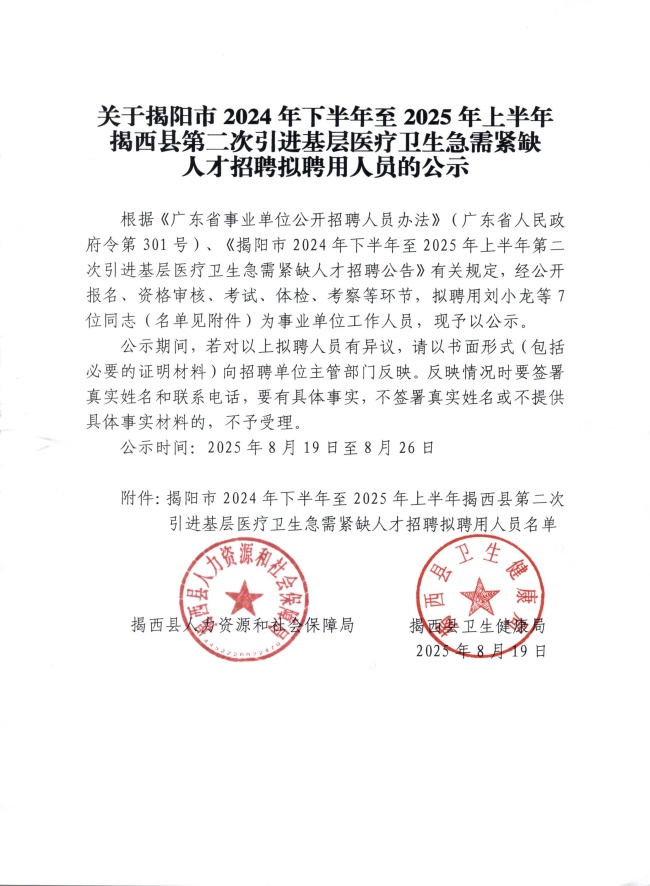 關(guān)于揭陽市2024年下半年至2025年上半年揭西縣第二次引進基層醫(yī)療衛(wèi)生急需緊缺人才招聘擬聘用人員的公示.jpg